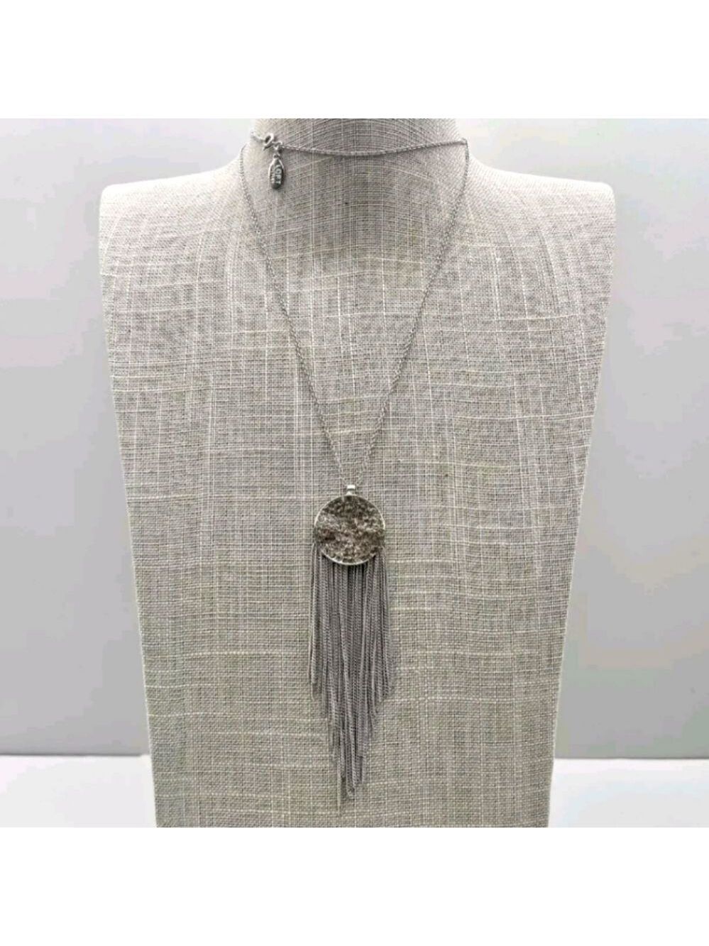 LOFT Necklace Round Pave Crystal Fringe Pendant Silver Tone Chain 24 Inches